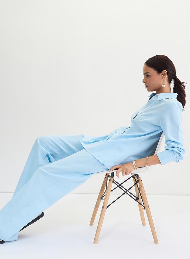 Femmella Light Blue Cotton Linen Straight Pants - Image 2