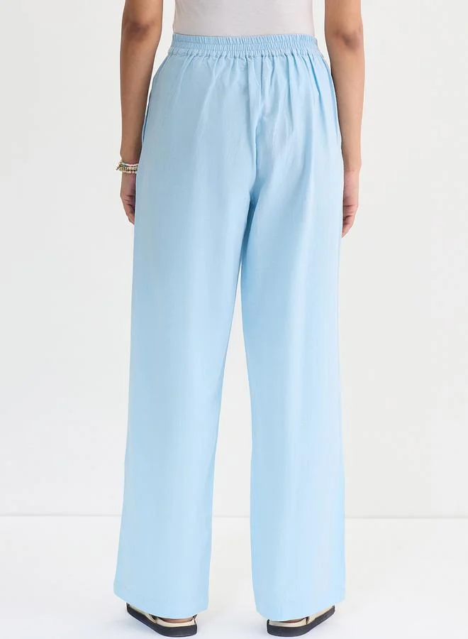 Femmella  Light Blue Cotton Linen Straight Pants for Women | Best Price UAE