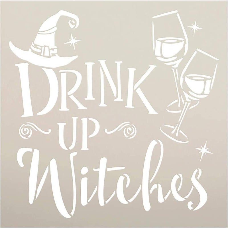 ivana's Ivana's Drink Up Witches Stencil with Hat | DIY Fun Halloween Wine Kitchen & Home Decor | Craft & Paint Wood Signs | Size (9 x 9 inch)