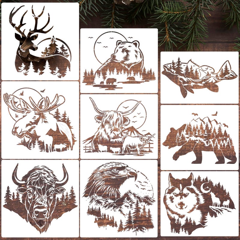 SUNVERSE Animal Wood Burning Stencils for Painting 12â€ Deer Eagle Stencil Wildlife Stencils for Crafts T-Shirt Fabric Wood DIY Decor - Image 1