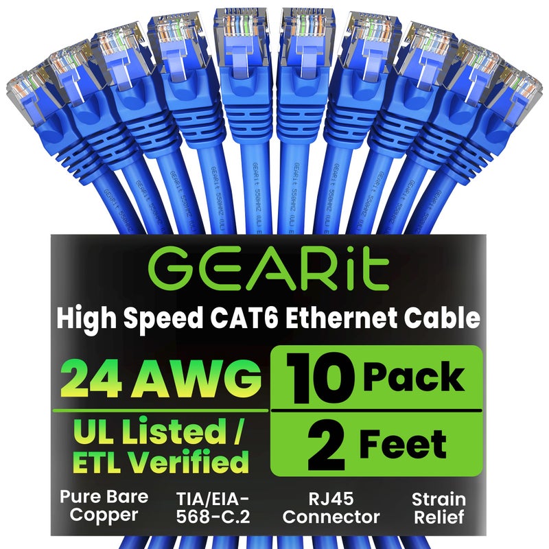 GEARit Cat 6 Ethernet Cable Pack - 10-Pack 2 ft Cat6 Ethernet Patch Cables | RJ45 Network Patch Cable, 10 Gbps Snagless Gold-Plated Connectors - Ethernet Cable Cat 6 for PC, TV, Router - Blue - Image 1