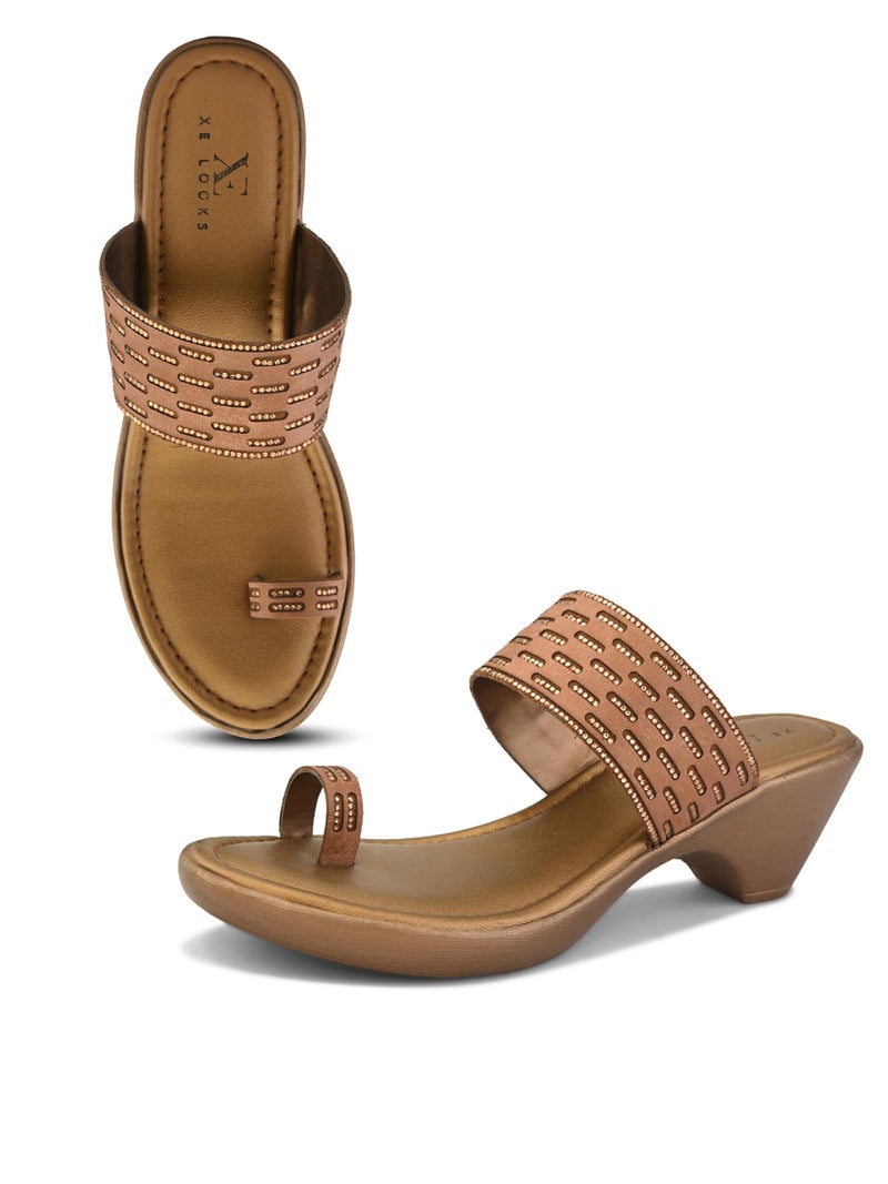 XE Looks Copper Wedge Toe-Ring Sandals for Women | Perforated Pleated Upper Strap with Subtle Stud Embellishments | Cushioned Footbed & Easy Slip-On Mid Wedge Heel | Lightweight All-Day Comfort - Image 1