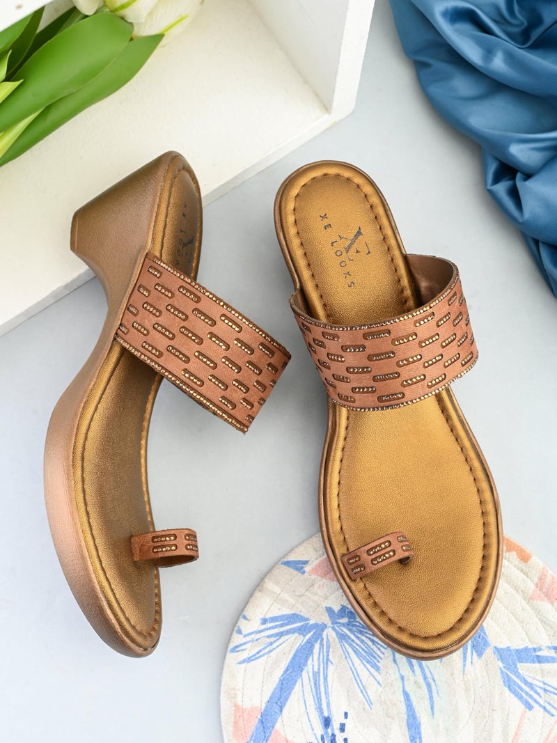 XE Looks Copper Wedge Toe-Ring Sandals for Women | Perforated Pleated Upper Strap with Subtle Stud Embellishments | Cushioned Footbed & Easy Slip-On Mid Wedge Heel | Lightweight All-Day Comfort - Image 2