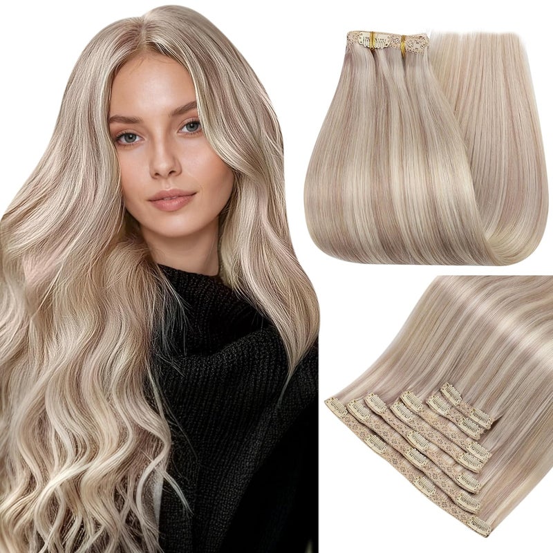 Easyouth Clip in Hair Extensions Real Human Hair Highlights Short Clip in Hair Extensions Ash Blonde Highlights Bleach Blonde Lightweight Clips in Real Hair Extension for Women 12Inch 7Pcs 80G