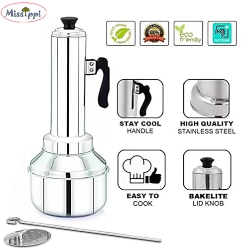 Missippi Stainless Steel Puttu Maker/Puttu Kudam with Steamer Plate,Steel Stick and Lid- 1 Unit - Long - 17.5 cm - Image 2
