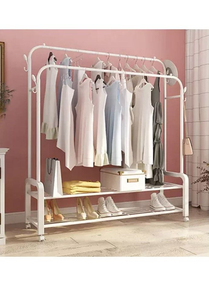 DubaiGallery - Sturdy Garment Rack Heavy Duty Double Pole Clothes Rail with Shoe Rack Shelf Coat Display Stand with 4 Wheels for Bedroom Office Entryway - Image 1