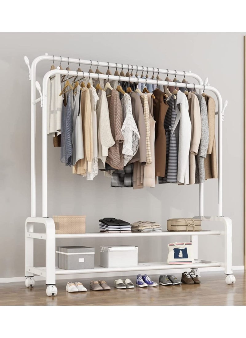 DubaiGallery - Sturdy Garment Rack Heavy Duty Double Pole Clothes Rail with Shoe Rack Shelf Coat Display Stand with 4 Wheels for Bedroom Office Entryway - Image 1
