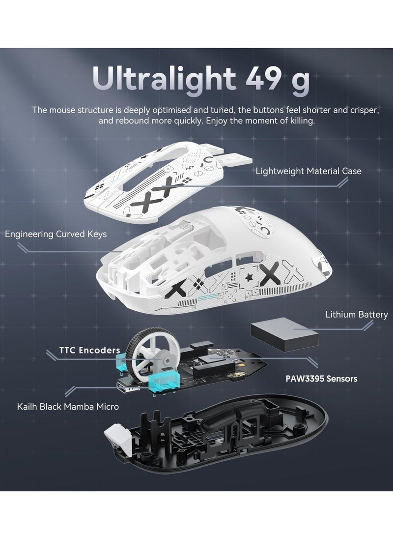 Attack Shark Attack Shark X3 Wireless Gaming Mouse, 49g Ultralight, PixArt PAW3395 26000 DPI, Bluetooth/2.4Ghz /Wired Tri-Mode, 200Hrs Rechargeable Battery, Kailh GM8.0 Switch for MAC/Win - White&Tape  - Image 5