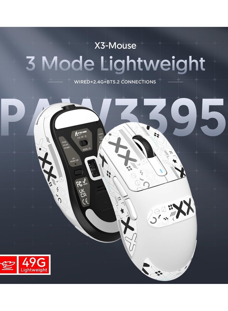 Attack Shark X3 Wireless Gaming Mouse, 49g Ultralight, PixArt PAW3395 26000 DPI, Bluetooth/2.4Ghz /Wired Tri-Mode, 200Hrs Rechargeable Battery, Kailh GM8.0 Switch for MAC/Win - White&Tape
