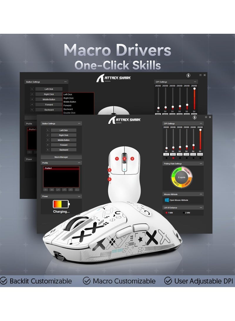 Attack Shark X3 Wireless Gaming Mouse, 49g Ultralight, PixArt PAW3395 26000 DPI, Bluetooth/2.4Ghz /Wired Tri-Mode, 200Hrs Rechargeable Battery, Kailh GM8.0 Switch for MAC/Win - White&Tape