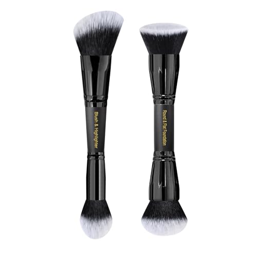 LORYP Black Makeup Brushes 2Pcs Duo End Foundation Powder Brush Set Blush  Highlighter Brush and Round  Flat Foundation Brush