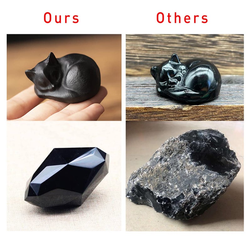 OwMell Tiny Sleeping Cat Statue Hand-Carved Healing Stone Gemstone Little Kitten Statue Figurine 2" - Black Obsidian - Image 2