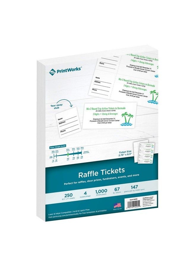PrintWorks - بطاقات ورقية مثقبة لتذاكر اليانصيب مع أطراف قابلة للنزع 8.5 × 11 67 رطل 147 جرام لكل متر مربع 4 تذاكر لكل ورقة 250 ورقة 1000 تذكرة إجمالية بيضاء (04295) (2.75 × 8.5) - Image 1