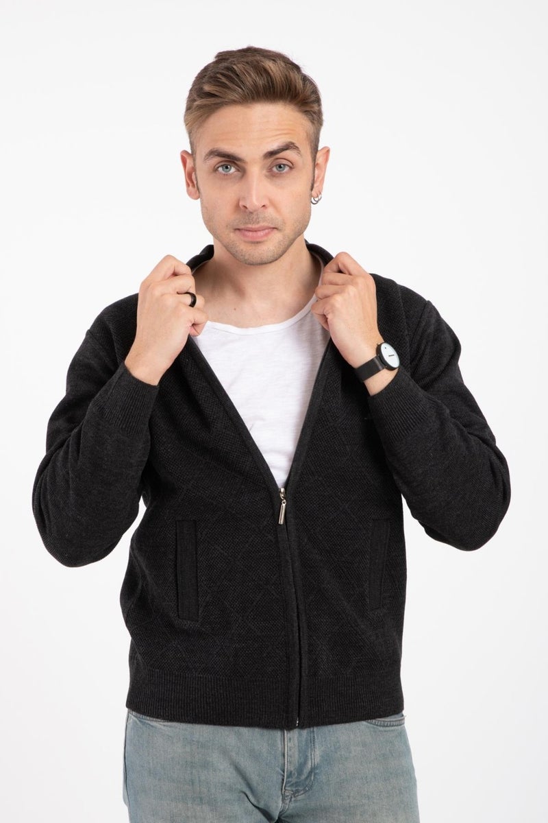 Mutlu City Men's Middle Age and Above Knitwear Acrylic Zippered Winter Dad Cardigan 2073-Dark Gray  - Image 1