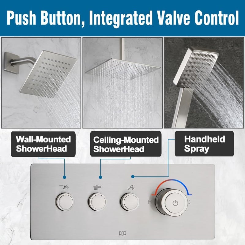 POP SANITARYWARE مجموعة حنفية دش أسود بنيكل مصقول، نظام دش مطري للحمام، رأس دش مثبت على السقف 12 بوصة مع رأس دش مثبت على الحائط 6 بوصة ودش يدوي، تشمل صمام الدش ومجموعة التشذيب - Image 5