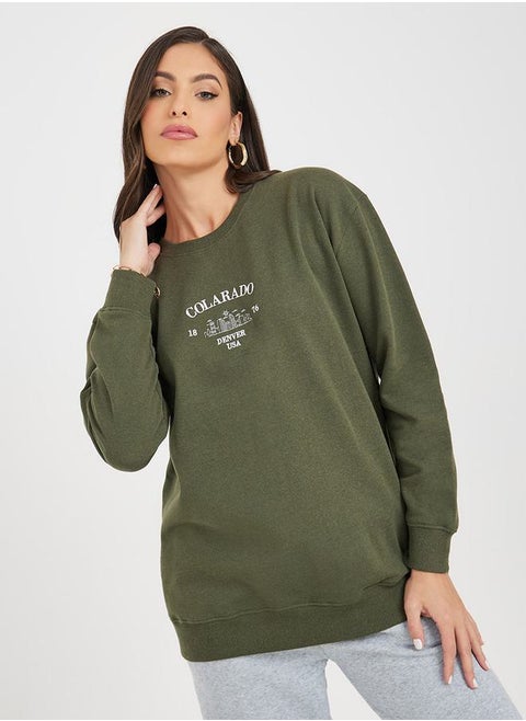 Regular Fit Longline Embroidered Slogan Sweatshirt