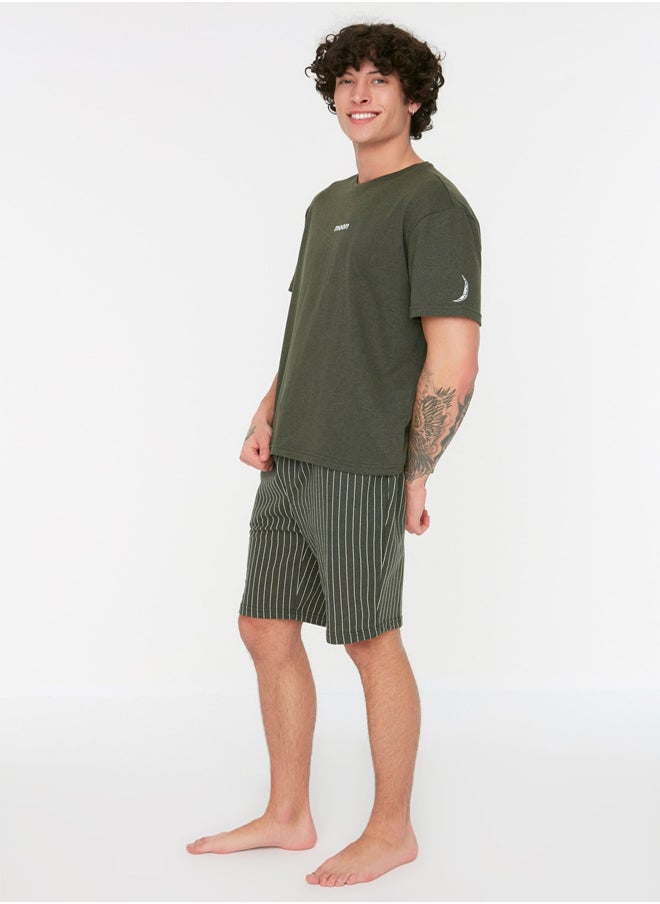 trendyol Khaki Regular Fit Printed Knitted Summer Pajamas Set with Shorts THMSS21PT1005  - Image 3