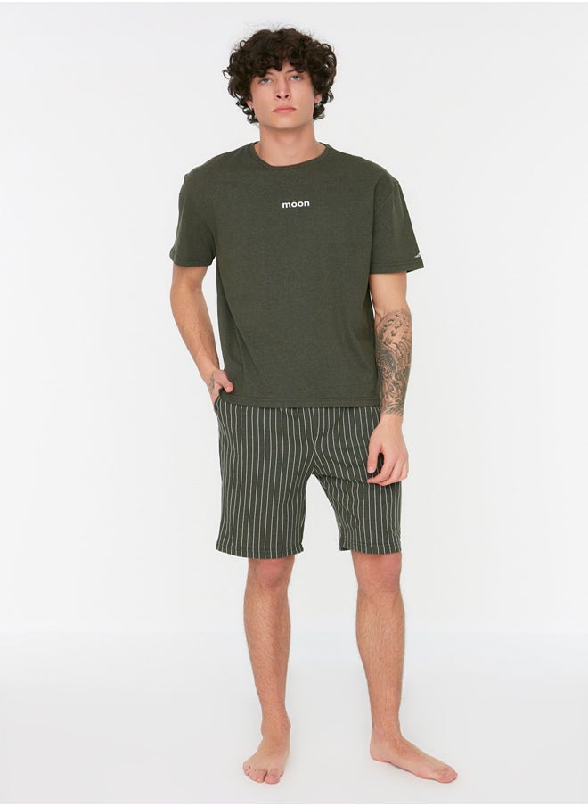 trendyol Khaki Regular Fit Printed Knitted Summer Pajamas Set with Shorts THMSS21PT1005  - Image 4