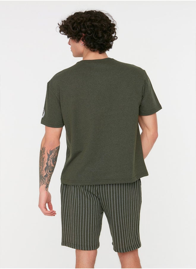 trendyol Khaki Regular Fit Printed Knitted Summer Pajamas Set with Shorts THMSS21PT1005  - Image 5