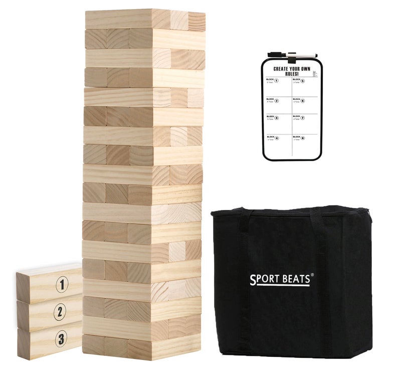 SPORT BEATS Outdoor Games Large Tower Stacking Game, 54 Wooden Blocks, Stack Up to 4 Ft Tall, Includes Carry Bag and Scoreboard, Backyard and Beach Lawn Yard Fun for Adults and Family - Image 1