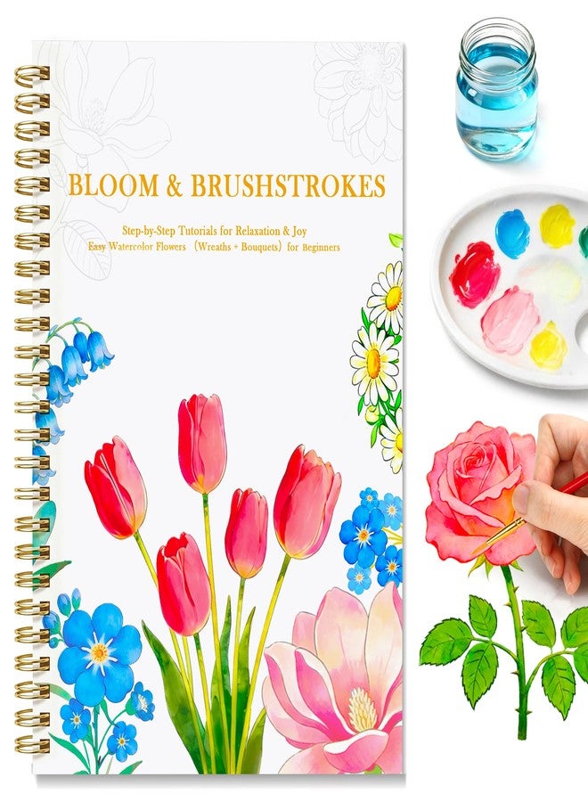 Creazic Watercolor Workbook for Beginners, Floral Water Coloring Book, 16 Sheets, 140lb/300gsm Cold Press Watercolor Paper, Step-by-Step Watercolor Guide for Stress Relief & Fun Painting (Book Only) - Image 1