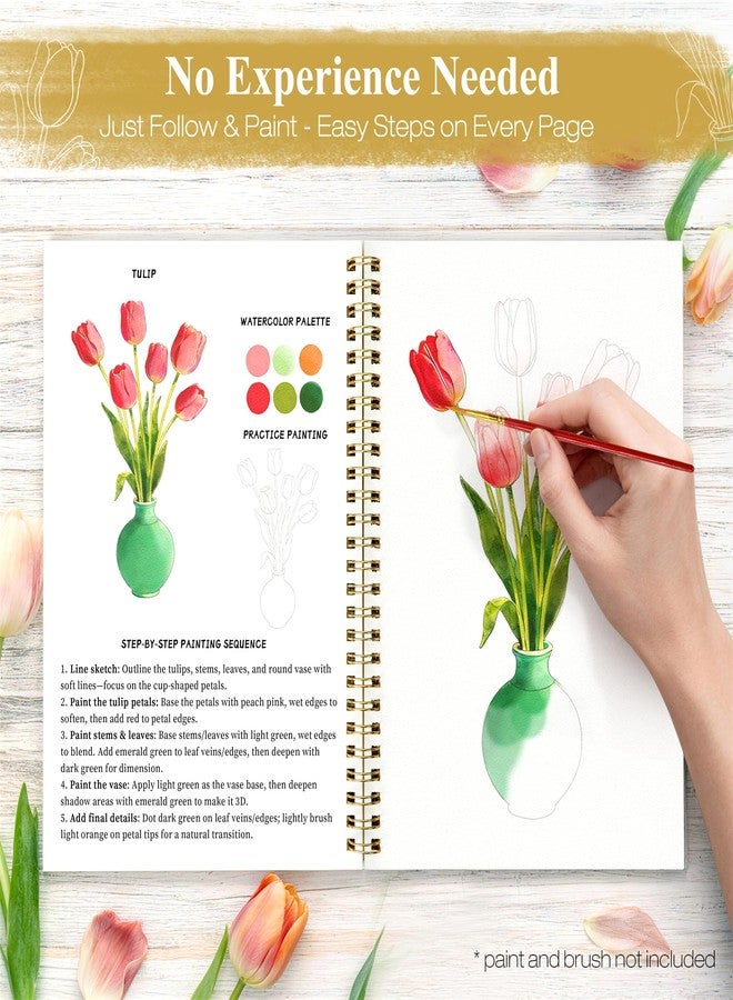 Creazic Watercolor Workbook for Beginners, Floral Water Coloring Book, 16 Sheets, 140lb/300gsm Cold Press Watercolor Paper, Step-by-Step Watercolor Guide for Stress Relief & Fun Painting (Book Only) - Image 3