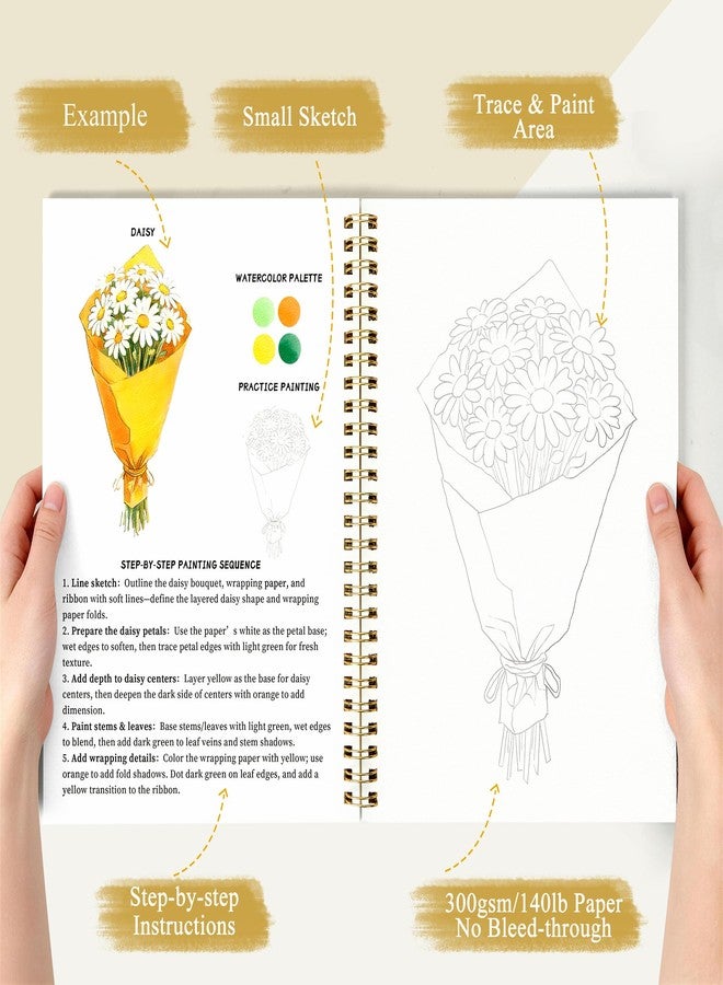Creazic Watercolor Workbook for Beginners, Floral Water Coloring Book, 16 Sheets, 140lb/300gsm Cold Press Watercolor Paper, Step-by-Step Watercolor Guide for Stress Relief & Fun Painting (Book Only) - Image 4