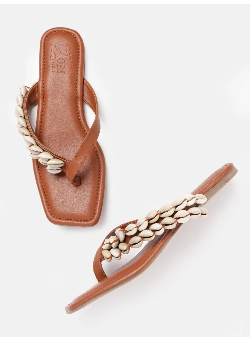 Marina Brown Women'S Chic Square Toe Resortwear Slides Authentic Ethically Sourced Seashells