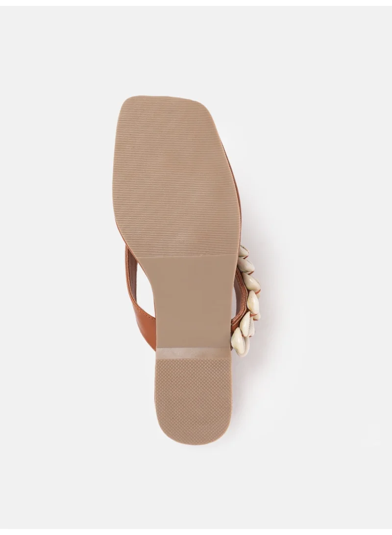 Zoriworld TAN Marina Brown Women'S Chic Square Toe Resortwear Slides Authentic Ethically Sourced Seashells for Women | Best Price UAE