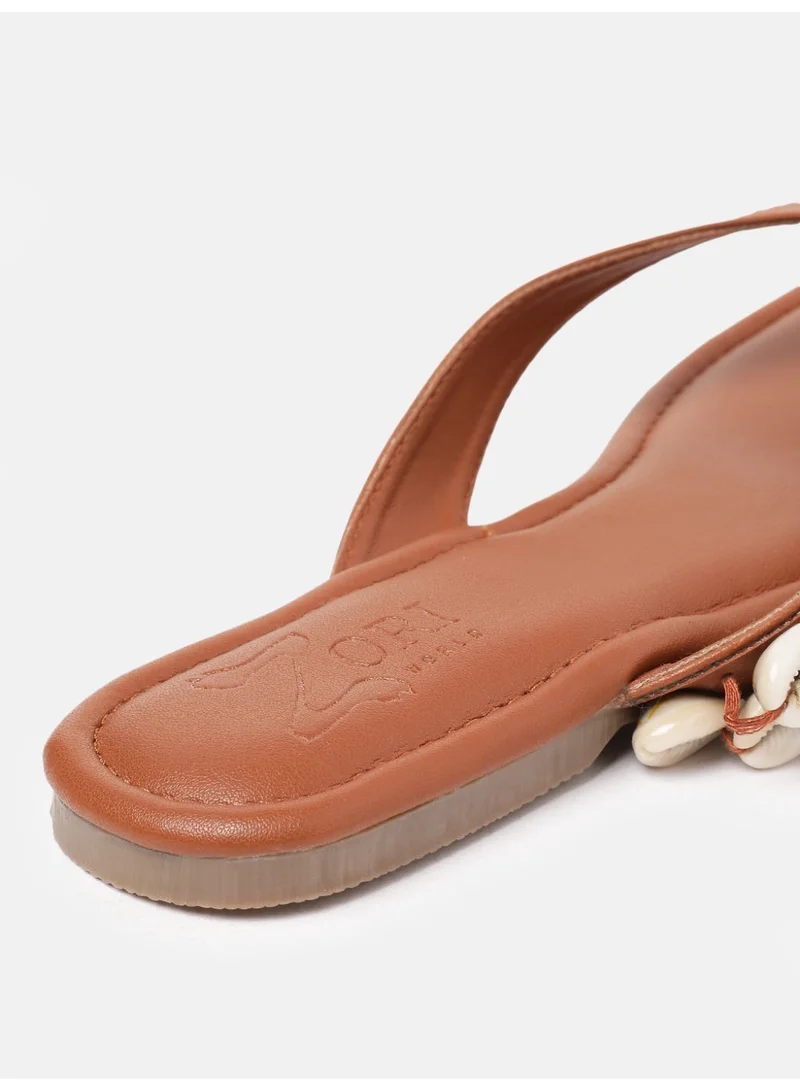 Zoriworld TAN Marina Brown Women'S Chic Square Toe Resortwear Slides Authentic Ethically Sourced Seashells for Women | Best Price UAE