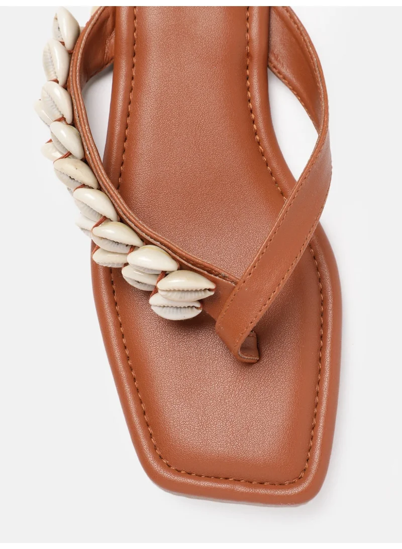 Zoriworld TAN Marina Brown Women'S Chic Square Toe Resortwear Slides Authentic Ethically Sourced Seashells for Women | Best Price UAE