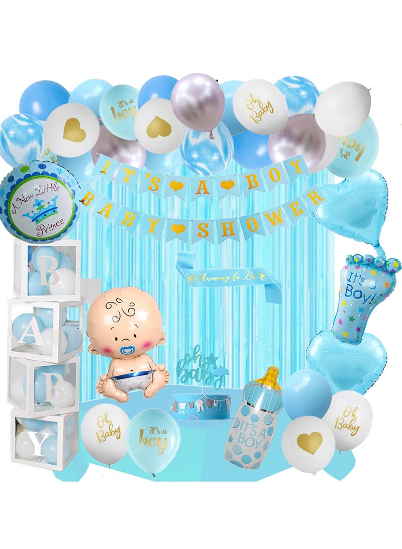 Baby Shower Decorations for Boy, Blue Baby Party Decor Kit with Balloons Boxes, Blue Balloon Garland Backdrop Banner and Tablecloth and Baby Shower Sash, Baby Shower Balloons Boy Balloon Decorations  - Image 1