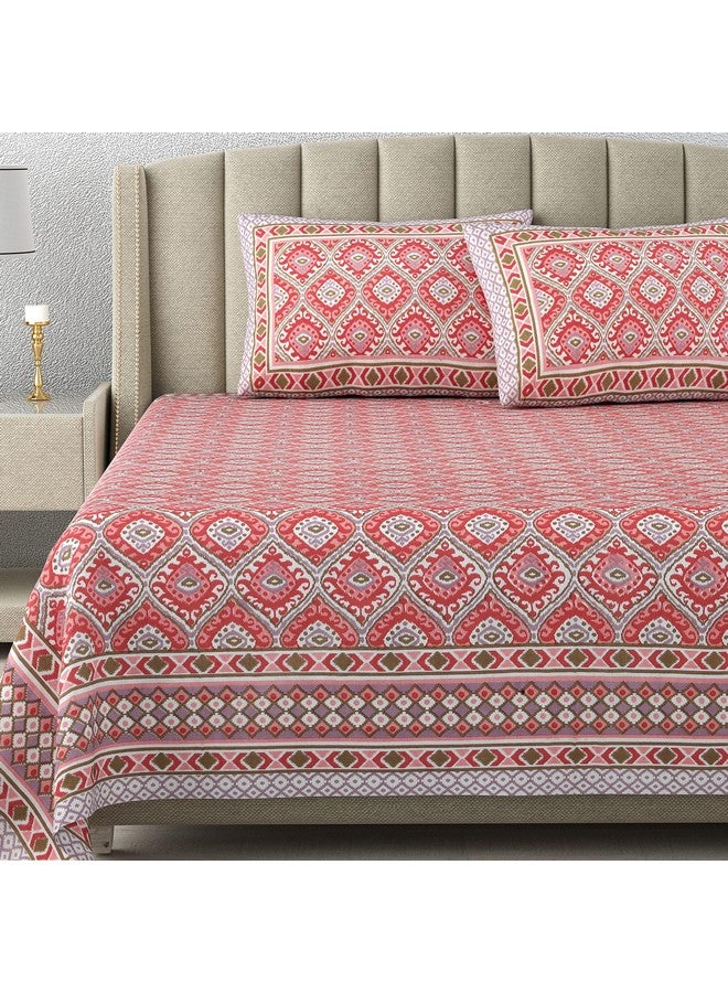DE CAMA Since 1997 | 100% Cotton 300 TC Premium King Size Bedsheet for Double Bed (90 x 108 Inch) with 2 Pillow Covers Set (17 x 27 Inch) Designer Printed Bedsheet Set - Ikat Red - Image 1