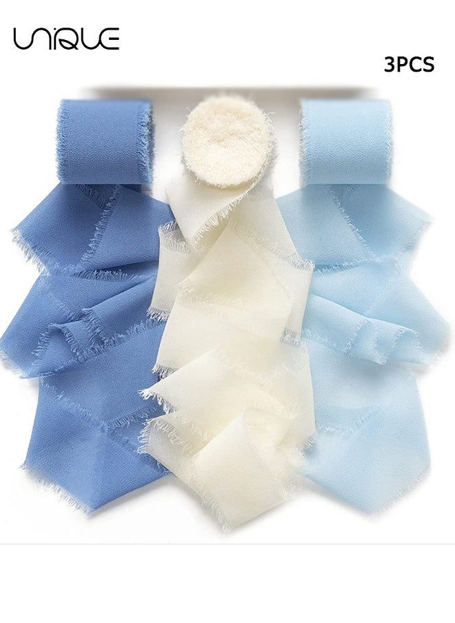 Unique Handmade Tassel Chiffon Ribbon - 3 Rolls of 4cm x 5m Blue Series Ribbon Set for Wedding Invitations/Bridal Bouquets/Gift Wrapping/DIY Crafts  - Image 1