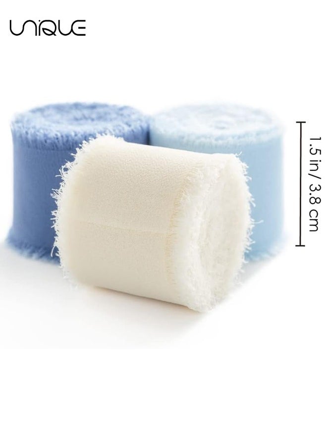 Unique Handmade Tassel Chiffon Ribbon - 3 Rolls of 4cm x 5m Blue Series Ribbon Set for Wedding Invitations/Bridal Bouquets/Gift Wrapping/DIY Crafts  - Image 2