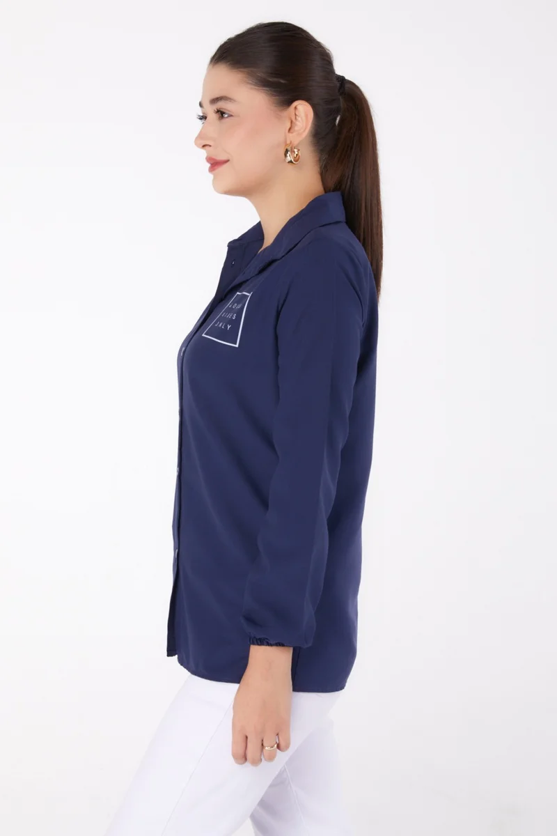 Tofisa Plain Shirt Collar Women's Navy Blue Printed Shirt - 13344