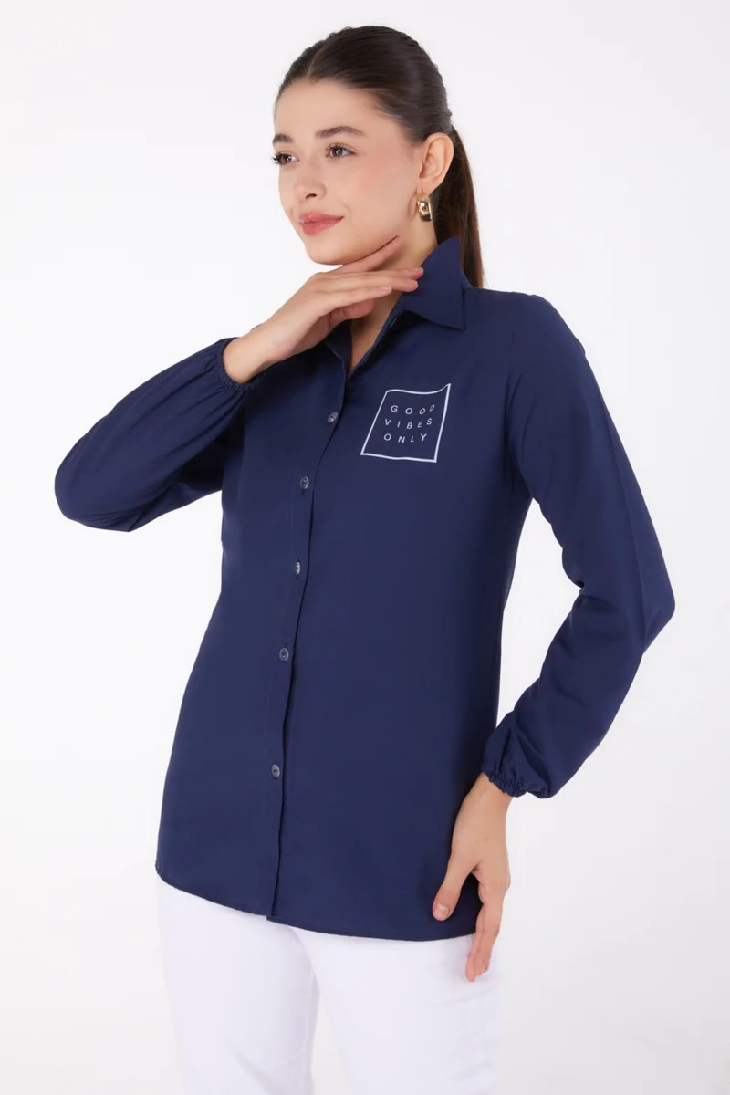 Tofisa Plain Shirt Collar Women's Navy Blue Printed Shirt - 13344
