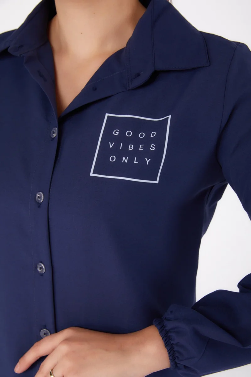 Tofisa Plain Shirt Collar Women's Navy Blue Printed Shirt - 13344