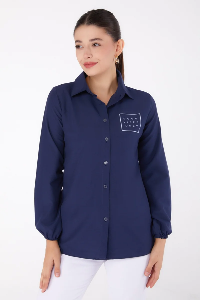 Tofisa Plain Shirt Collar Women's Navy Blue Printed Shirt - 13344