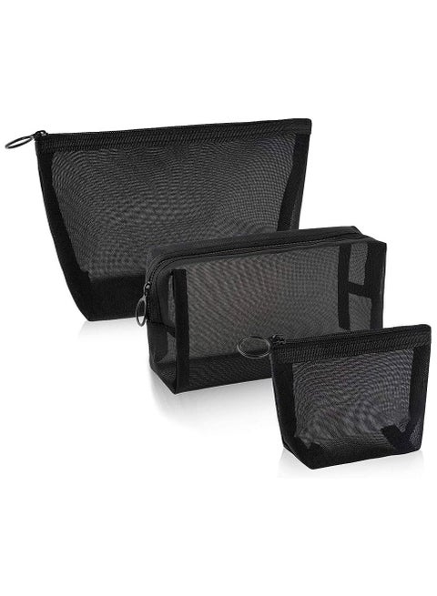 3 Pieces Mesh Cosmetic Bag Mesh Makeup Bags Mesh Zipper Pouch for Offices Travel Accessories, 3 Sizes (Black)