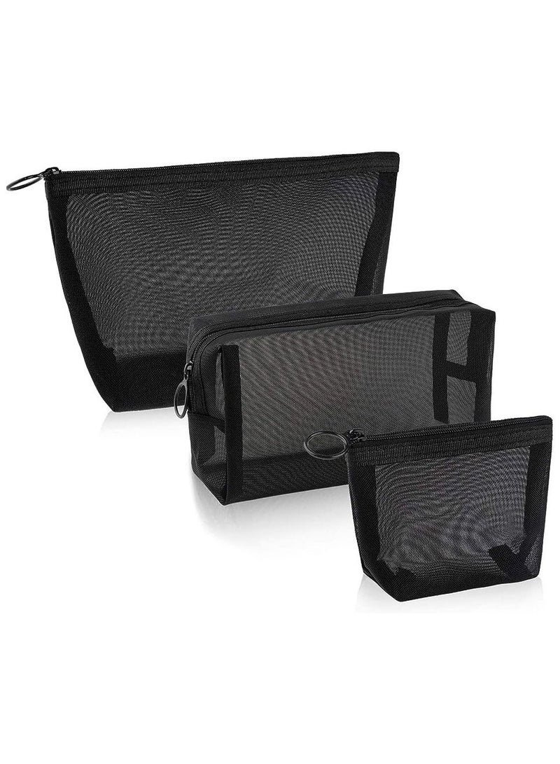 3 Pieces Mesh Cosmetic Bag Mesh Makeup Bags Mesh Zipper Pouch for Offices Travel Accessories, 3 Sizes (Black)