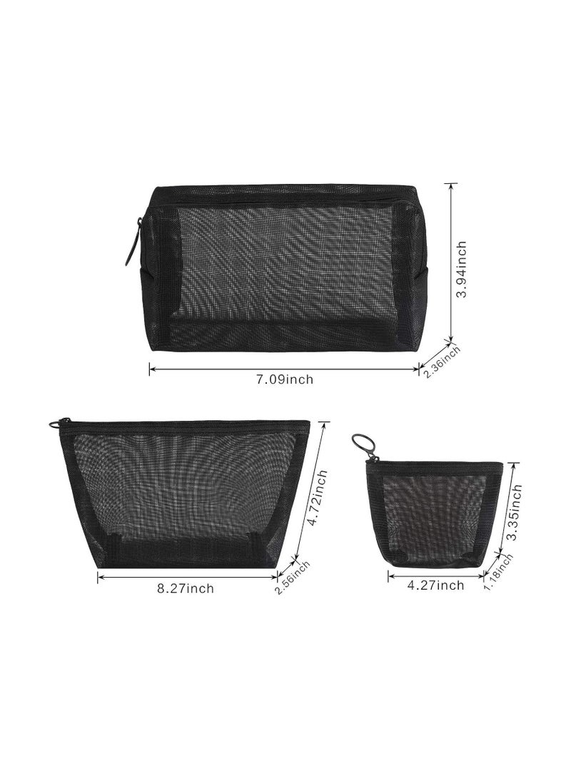 3 Pieces Mesh Cosmetic Bag Mesh Makeup Bags Mesh Zipper Pouch for Offices Travel Accessories, 3 Sizes (Black)