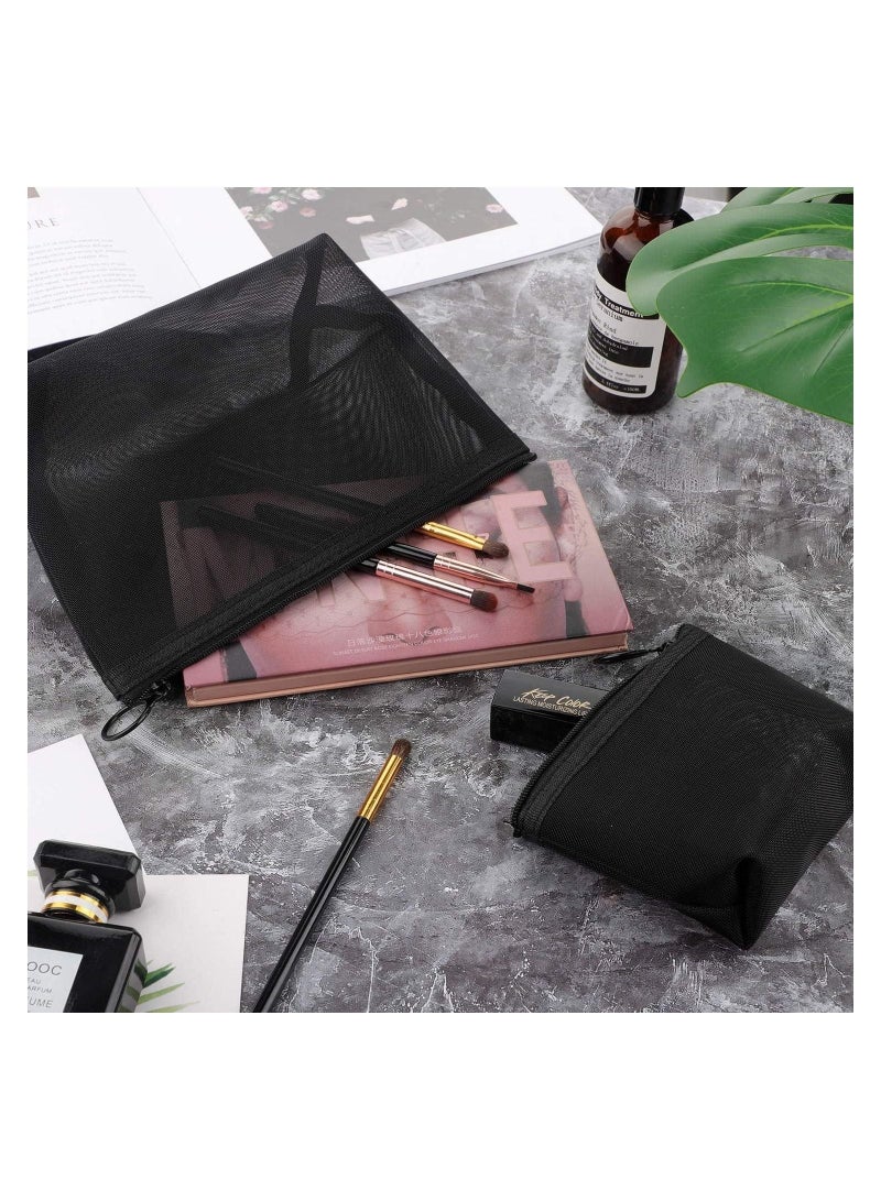 3 Pieces Mesh Cosmetic Bag Mesh Makeup Bags Mesh Zipper Pouch for Offices Travel Accessories, 3 Sizes (Black)
