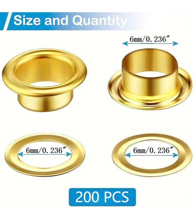200 Pcs Metal Eyelet Kit 6mm Inner Diameter Golden for Canvas Clothing Leather DIY Crafts - Image 3