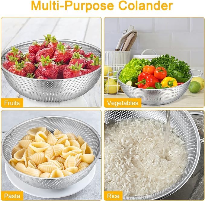 Kresal Multipurpose Stainless Steel Colander Strainer Drainer with Handle for Rice Fruits Vegetable Noodles Pasta Beans Grains Washing Filter Basket for Kitchen Rice Bowl - Image 4