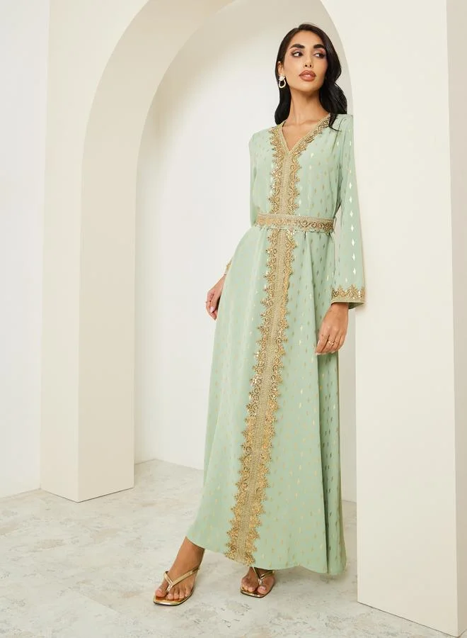 Amirah  Women Green Embroidered A-Line Kaftan for Women | Best Price UAE