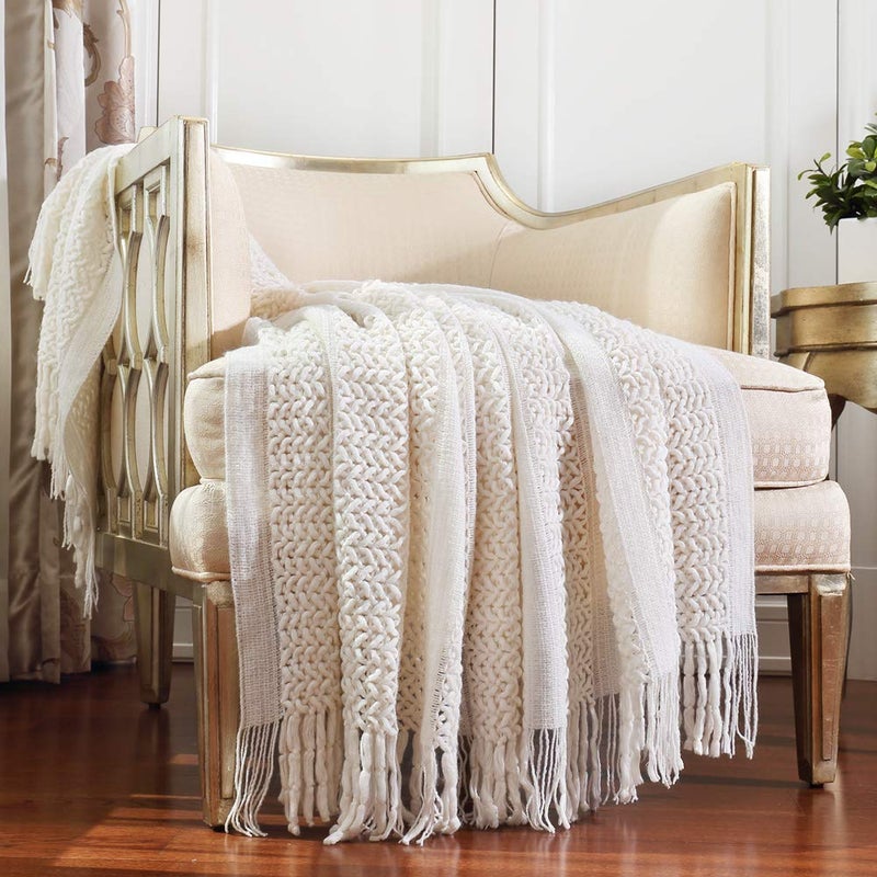 CREVENT Farmhouse Knit Throw Blanket for Couch Sofa Chair Bed Home Decoration Soft Warm Cozy Light Weight 50X60 CreamWhite