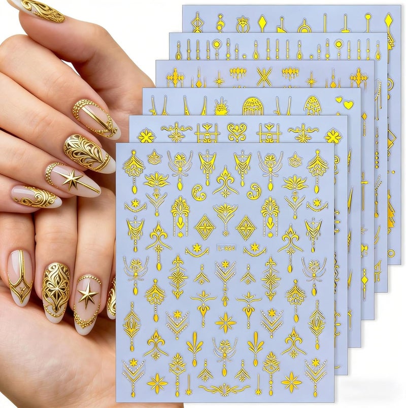 Sevgob Gold Nail Stickers BOH Nail Decals Star Lines Nail Designs Vintage Totem Nails Supplies 3D Self-Adhesive Retro Lace Nails Art Stickers for Women DIY Manicure 6Sheets - Image 1