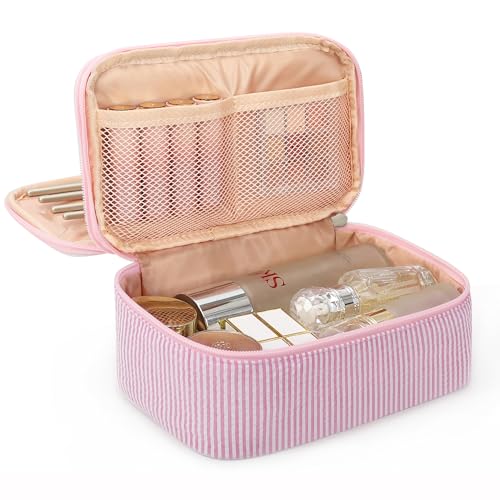 Relavel Cute Makeup Bag for Girls, Portable Pink Cosmetic Bag, Dual-layer Makeup Pouch with Brush Holder, Multi-Functional Preppy Toiletry Organizer for Travel, Daily Use - Pink Strip - Image 1