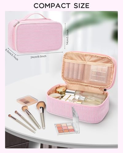 Relavel Cute Makeup Bag for Girls, Portable Pink Cosmetic Bag, Dual-layer Makeup Pouch with Brush Holder, Multi-Functional Preppy Toiletry Organizer for Travel, Daily Use - Pink Strip - Image 2